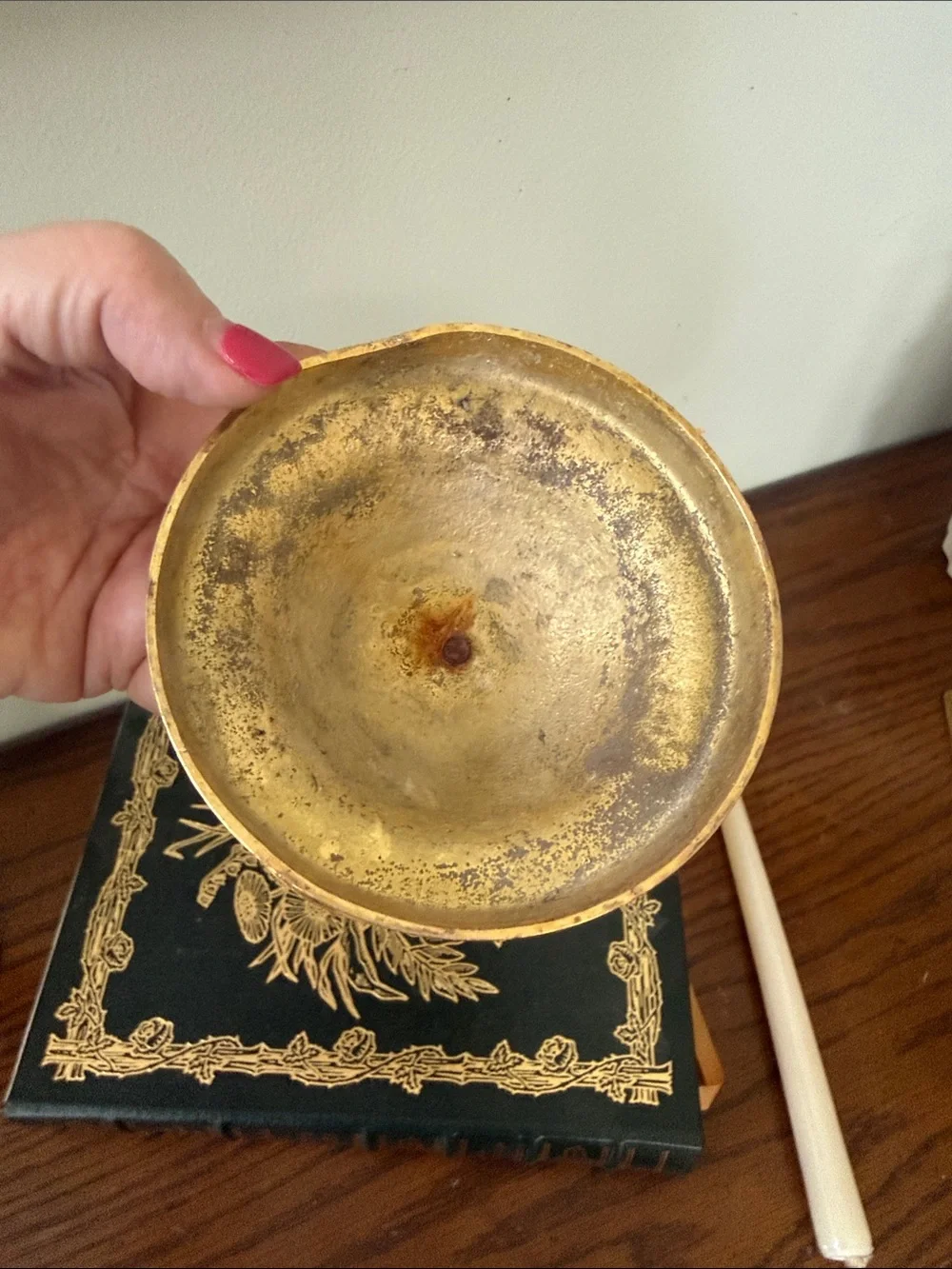 Vintage Brass Candlestick Holder with Circular Drip Tray  and Stepped Bell Base